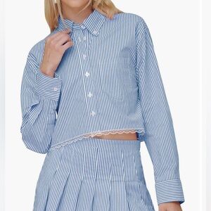 Avec Les Filles Blue Striped Lace Trim Crop Button-Down Shirt Size L NWT!